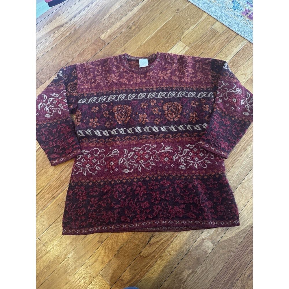 Vintage Laura Ashley Floral Fair Isle Wool Sweater Pink Orange‎ Nordic Sz L